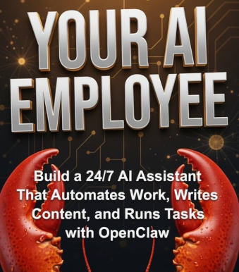 Your AI Employee: OpenClaw promotional artwork with lobster claws and circuit motifs.